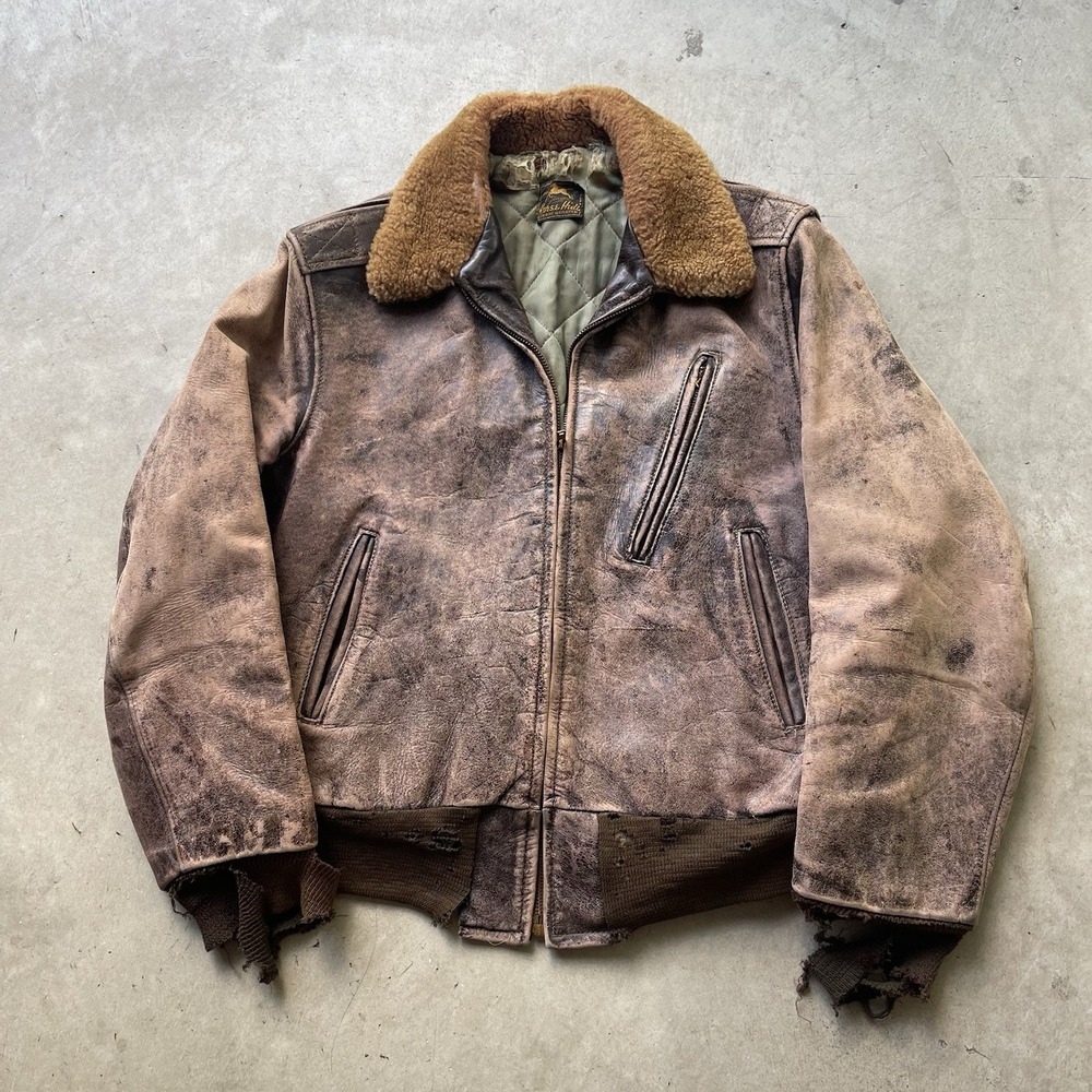 Vintage 40s Horsehide Leather Flight Jacket Talon Zip Mouton Collar 22x22.5 - Picture 2 of 9